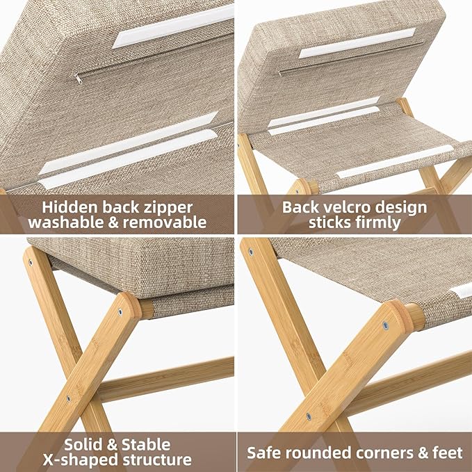 Foldable Foot Stool Ottoman, Modern Foot Rest with Bamboo X Legs & Thick Foam Cushion, Folding Foot Stools Small Padded for Bedroom Living Room, Makeup Vanity Stool Chair (Natural - Brown)