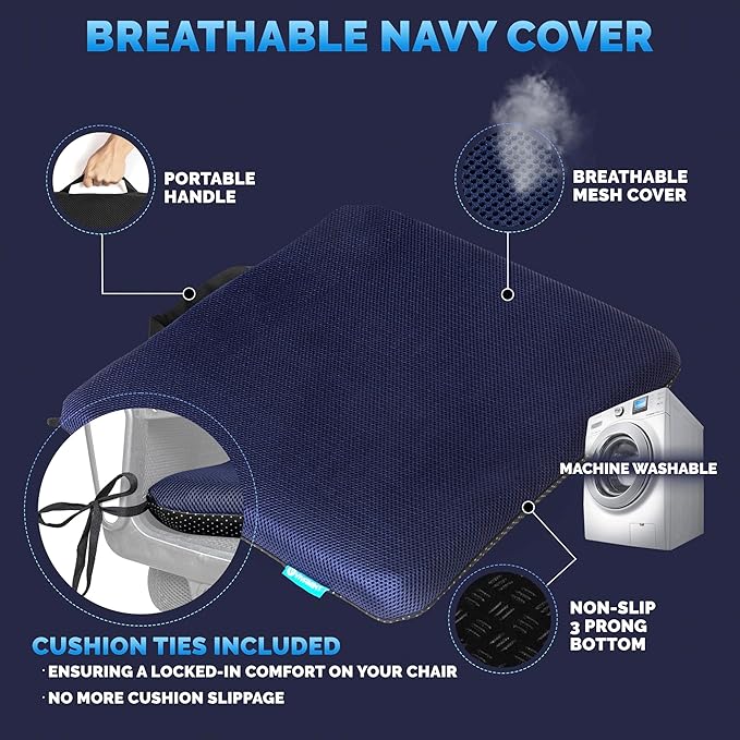 Gel Seat Cushions for Long Sitting- Extra Large & Ultra Thick(2 Inch) Orthopedic Chair Pad for Pressure Relief, Sciatica & Back Pain – Non-Slip, Cooling, Portable for Office, Car, Truck, Wheelchair