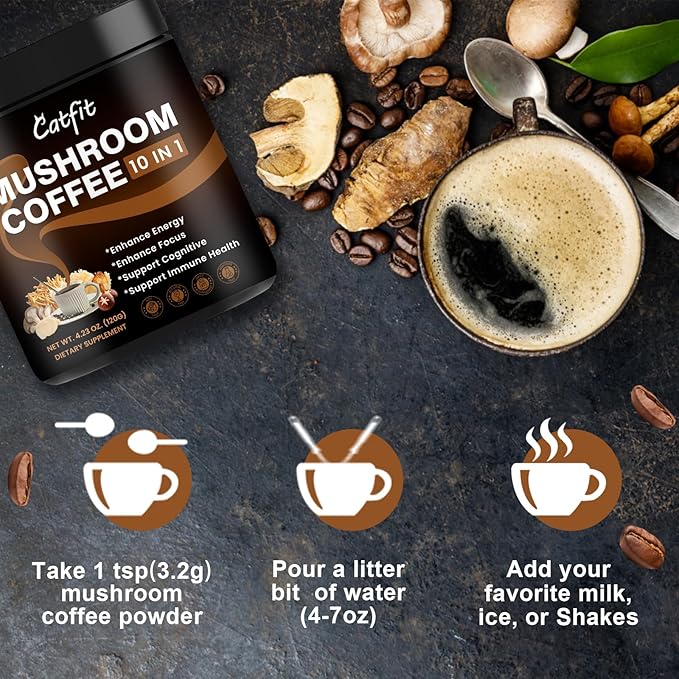 Mushroom Coffee Powder, 10 Mushroom Blend Supplements with Lion's Mane, Chaga, Cordyceps, L-Theanine for Energy, Focus, Cognitive and Immunity, 37 Serving