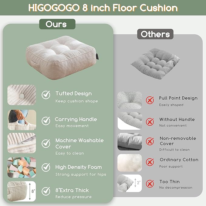 8" Washable Floor Pillow Cushion for Adults, Meditation Cushion Pillow, Large Square Floor Sitting, Removable Tufted Corduroy Cover, for Tatami Living Room or Yoga, 22x22 Inch, 2Pack, Machine Washable