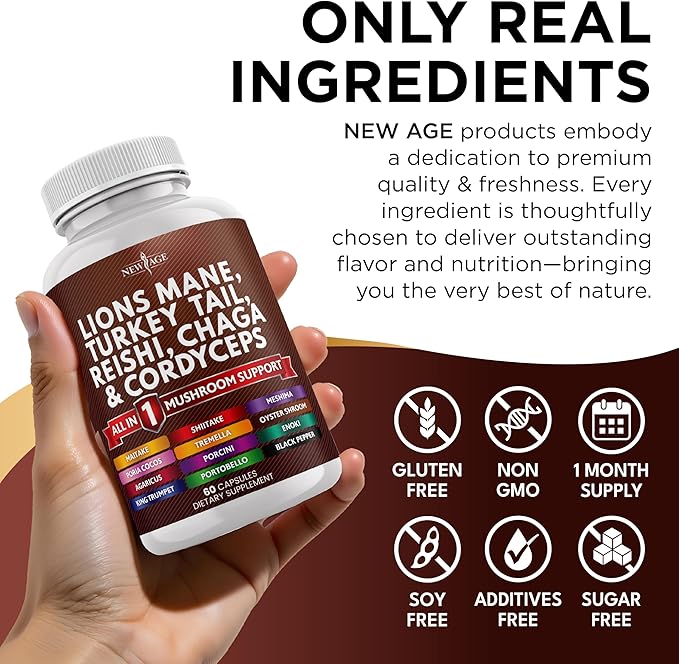 NEW AGE Lions Mane Mushroom Supplement with Turkey Tail Reishi Cordyceps Chaga with Marshmallow Root