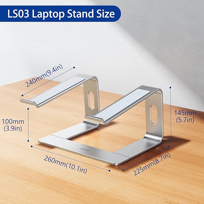 BESIGN LS03 Aluminum Laptop Stand, Ergonomic Detachable Computer Stand, Notebook Riser Compatible with Air, Pro, Dell, HP, Lenovo More 10-15.6" Laptops, Silver