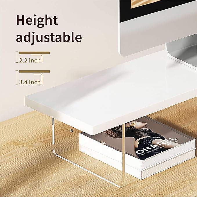 Wood Monitor Stand Riser with Acrylic Legs, Computer Screen Stand Desk Organizer, 31.5 x 7.9 x 3.1 inch, Hold up to 66 lbs (White, 31.5"×7.9"×3.1")