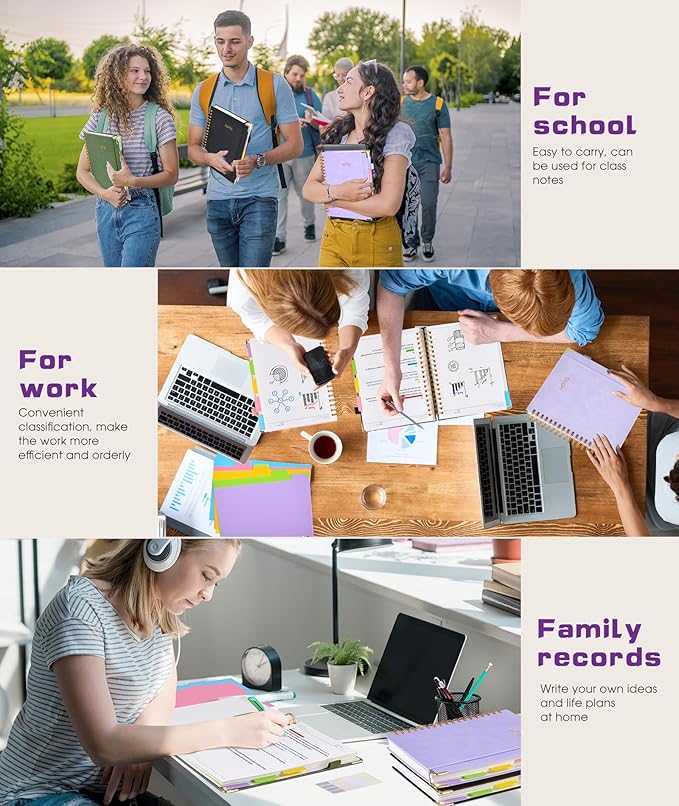 Hardcover Spiral Notebook journal with Removable Dividers Tabs, 300 Pages Leather 5 Subject Notebook College Ruled, 100GMS A5 Notebooks for Work School Note taking,Lined Journal for Women,A5 Purple