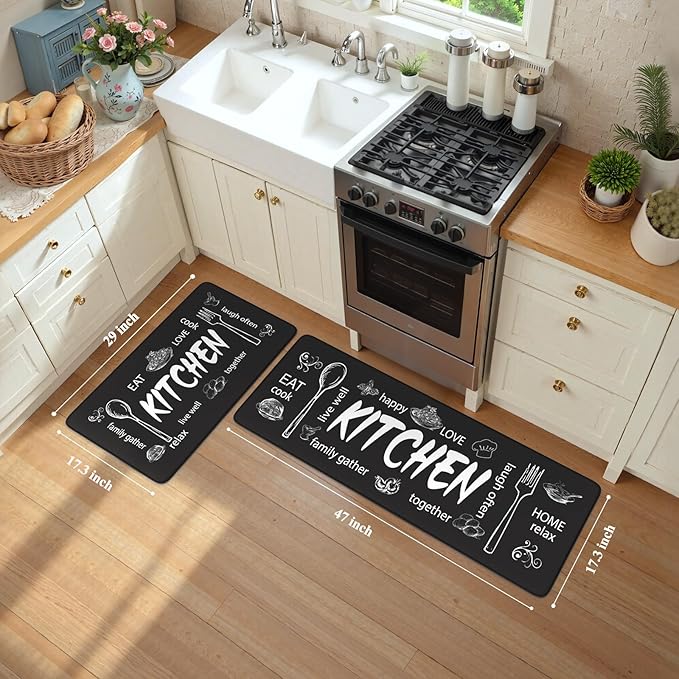 KIMODE Kitchen Mats 2PCS,Cushioned Anti Fatigue Farmhouse Kitchen Rugs and Mats,Non Slip Waterproof Kitchen Mats for Floor,Comfort Foam Standing Desk Mat for Home,Kitchen,Sink,Laundry,Black