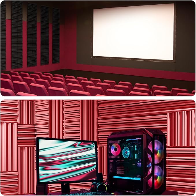 12 Pack Acoustic Foam Panels for Walls, 12" x 12" x 2" Soundproof Wall Panels, Self-Adhesive Soundproofing Padding, High Resilience Sound Absorbing Panels for Home Studios, Offices - Black & Red