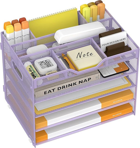 5 Tier Paper Letter Tray with 3 Drop-in Pen Holders, Mesh Desk File Organizer with Handle, Desk Organizers and Accessories for School,Home, Office Supplies Storage-Purple