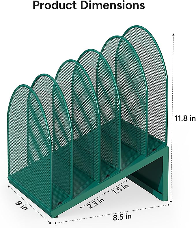 5-Section Desk File Organizer, Metal Mesh Folder Organizer for Documents, Mail & Office Papers (Green)