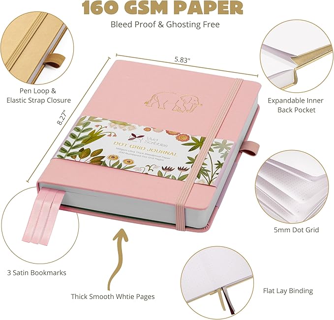 Dotted Journal Notebooks: Bullet Dotted Journal with 200 Numbered Dot Grid Pages, 160gsm Thick White Bleedproof Paper and 3 Sheets of Journal Stickers for Creatives