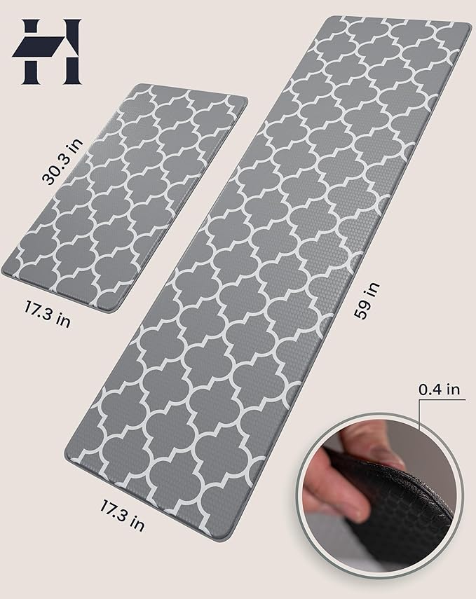Anti-Fatigue Kitchen Mat Set – 2-Piece Memory Foam Cushioned Mats for Standing – Grey Lantern, 18×30 & 18×60, 0.4 in Thick, Waterproof, Non-Slip – Homergy