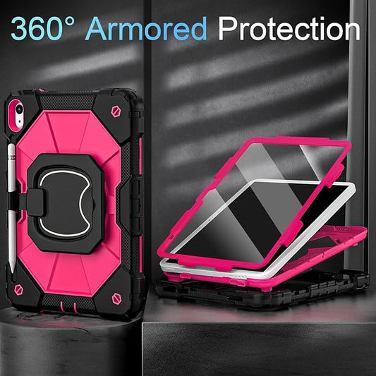 Case for iPad 10th Generation 10.9 Inch/iPad 11 Inch (A16) 2025 11 Inch,10th Generation Case with 360 Rotating Stand Screen Protector,Heavy Duty Shockproof Cover for iPad10th,Black Pink