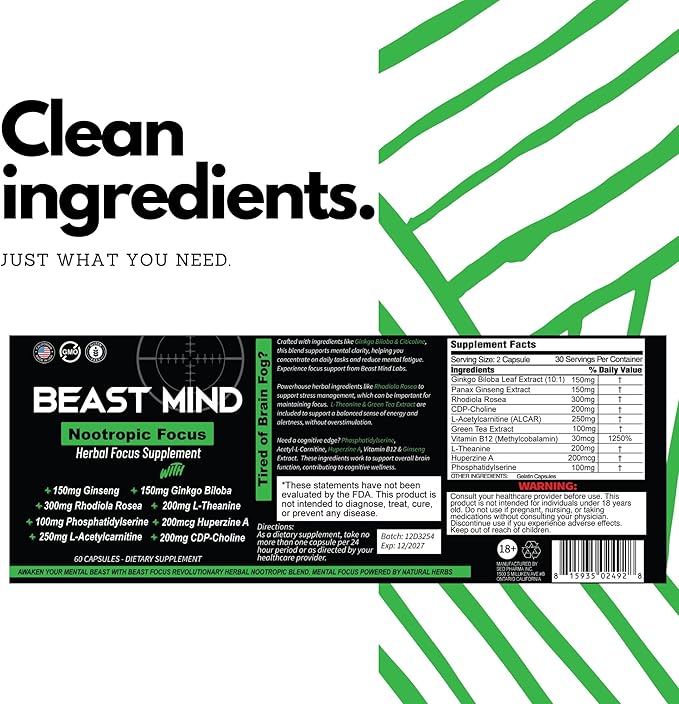 Beast Mind Focus Clarity Nootropic Blend | Ginkgo Biloba | Huperzine A | Rhodiola | Citicoline | L-Theanine | Enhanced Focus & Clarity & Cognitive Function Labs