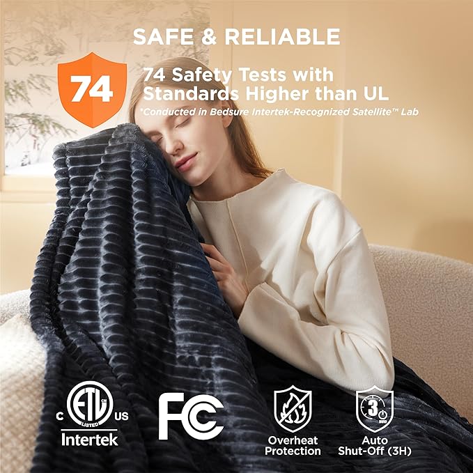 Bedsure GentleSoft Electric Blanket Twin - Soft Ribbed Flannel Heated Blanket, Heating with 10 Time Settings, 6 Heat Settings, and 8 hrs Timer Auto Shut Off, Gifts for Grandma (62x84 inches, Black)