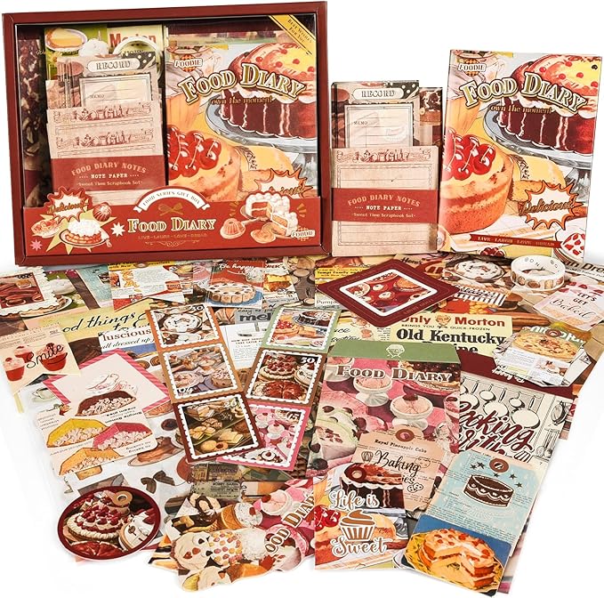 Scrapbooking Supplies Kit: Vintage Aesthetic Scrapbook Kit, Junk Journal Supplies with Scrapbook Stickers Paper, Journaling Supplies, Birthday Craft Gift for Adult Teen Girls Kid, Food Diary