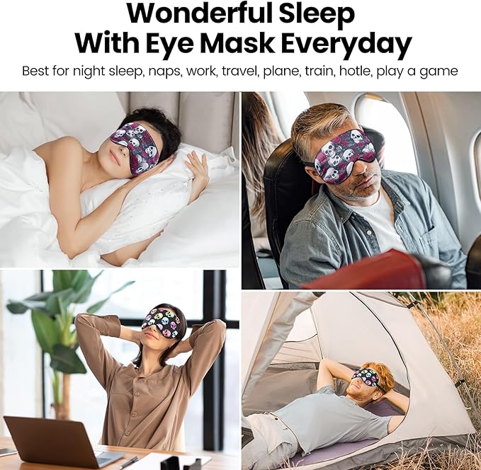 2 Pcs Human Skulls Sleep Halloween Mask for Women Men, Funny Silk Eye Covers for Sleeping, Adjustable Strap & Light Blocking Design, Adult Children's Bedtime Blindfold for Travel and Home Use (Skull)