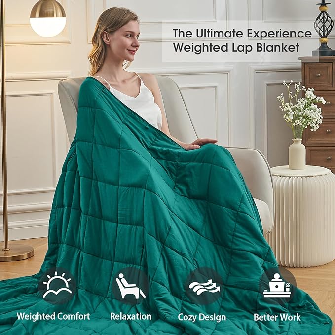 Green Weighted Blanket for Adults 15lbs, 48"x72" Twin Size, Cooling Heavy Blanket for 120-160lbs with Premium Glass Beads, Soft Thick Big Blankets for All-Season Sleeping Comfort Breathable