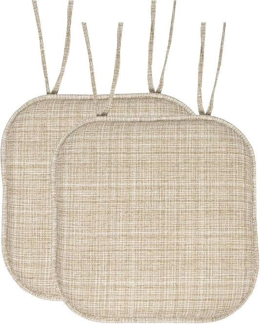 Sweet Home Collection Chair Cushion Memory Foam Pads with Ties Honeycomb Pattern Slip Non Skid Rubber Back Rounded Square 16" x 16" Seat Cover, 2 Pack, Aria Beige 6 pack