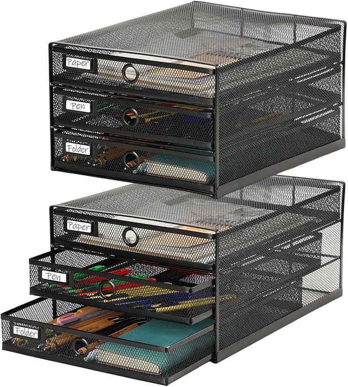 Zhanmai 1 Pack Desk Organizer with Drawer Total 3 Tiers, Wire Mesh Organizers Tray Multifunctional Paper Sorter File Stand for Home Office Supplies Storage Letter A4 Paper Office Accessories (Black)