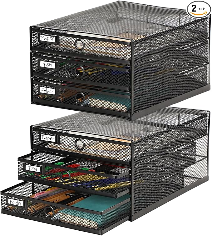 Zhanmai 2 Pcs Desk Organizer with Drawer Total 6 Tiers, Wire Mesh Organizers Tray Multifunctional Paper Sorter File Stand for Home Office Supplies Storage Letter A4 Paper Office Accessories(Black)