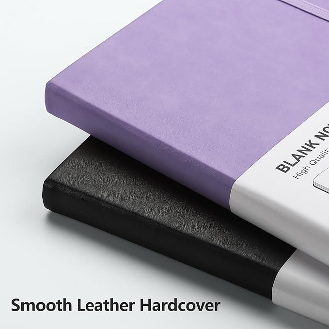 RETTACY Blank Journal Notebook, 2-Pack, 192 Pages per Pack, A5 Medium Size (5.7'' x 8.3''), Leather Hardcover, 100 GSM Thick Paper, for Sketching, Drawing, Painting (Black & Purple)