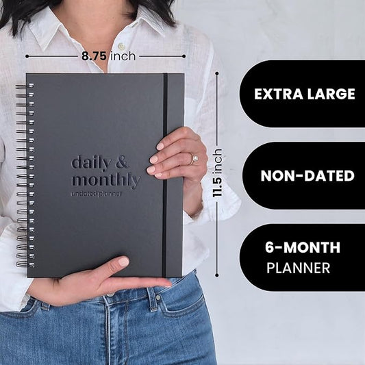 Large Daily Planner with Hourly Schedule, 8.5" x 11" Undated 6-Month Planner, Full Page a Day, 2025-2026 Calendar, To Do List, Time Blocking, Black Aesthetic Hardcover Spiral Notebook for Work Tasks