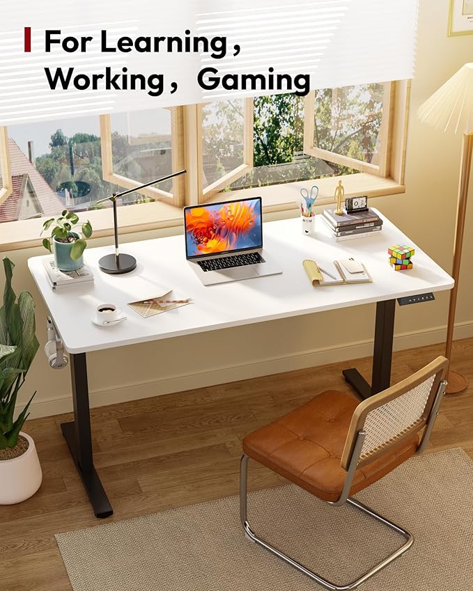SANODESK Electric Standing Desk 60 x 24 Inches Whole-Piece Desktop Height Adjustable Stand Up Desk w/6-Button Controller Ergonomic Computer Desk for Home Office, Black Frame + White Tabletop