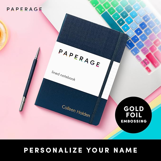 PAPERAGE Personalized Lined Journal Notebook for Writing - Customizable Text in Embossed Metallic Gold Foil, 160 Pages, 100 GSM Thick Paper, Leather Hardcover Diary, 5.7 inches x 8 inches, Navy