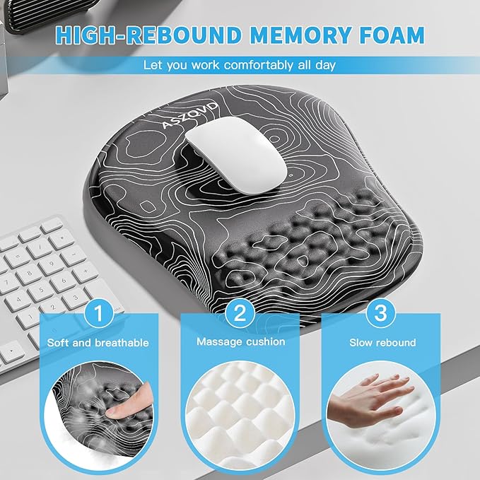 Mouse Pad with Wrist Rest, Ergonomic Mousepads with Wrist Support, Soft Lycra Fabric Memory Foam Office Desk Accessories for Comfort/Pain Relief/PC Gaming/Computer/Laptop (Black Topographic)