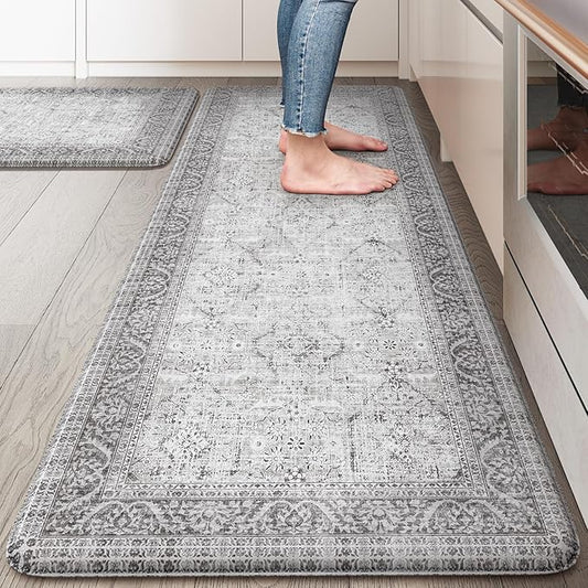 KIMODE Anti Fatigue Kitchen Mats for Floor, Boho Oriental Kitchen Rugs Sets of 2, Padded Kitchen Floor Mats Non Slip, Cushioned Standing Mats for Sink, Laundry, Desk Grey 20"x47"+20"x32"