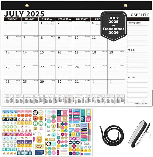 Ospelelf Magnetic Calendar 2025-2026 for Refrigerator, Desk Wall Calendar, July 2025 to December 2026, Monthly Large Planner Pad with Plastic Cover 17" X 12" Black