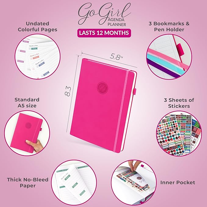 GoGirl Planner Agenda – Colorful Undated Monthly & Weekly Organizer for Women, Journal for Time Management & Productivity (Hot Pink)