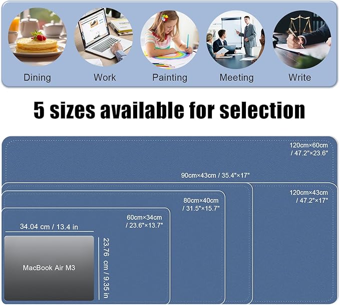 BLESWIN Large Desk Pad Mat 47.2"" x 17"", Office Desk Mat, Non-Slip PU Leather & Cork Desk Blotter for Keyboard and Mouse, Large Desk Mat, Large Mouse Pad for Office & Home(Lake Blue)