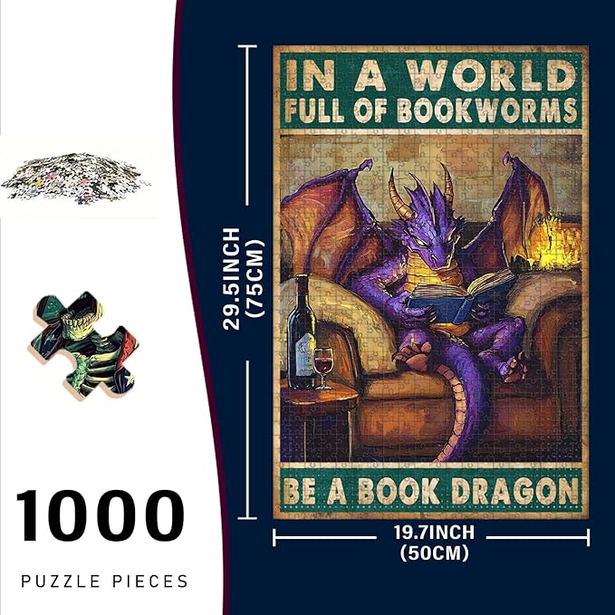 1000 Piece Wooden Jigsaw Puzzle in a World Full of Bookworms Be a Book Dragon Adults Kids Challenging Game Educational Stress Relief Time Killer Perfect for Home Bar & Portable Travel 29.5x19.7 Inch