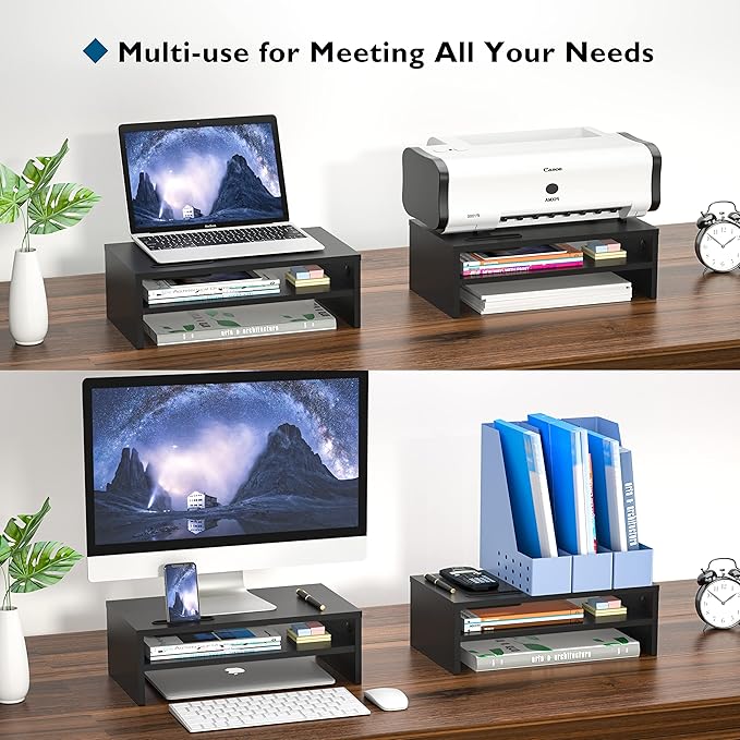 BONTEC Wooden Monitor Stand Riser, 2-Tier Desk Shelf with Storage Organizer, Ergonomic Computer Stand with Cable Management, Cellphone Holder, Black, 16.5 Inch