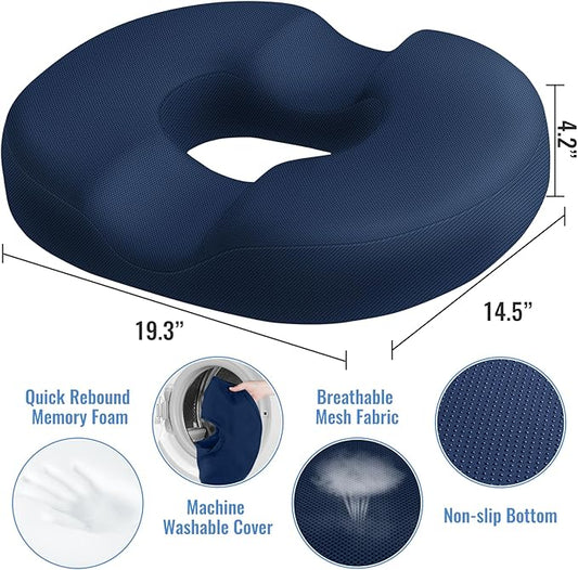 CloudBliss Donut Pillow Seat Cushion Chair Pad for Tailbone Pain Relief and Hemorrhoids, Memory Foam Seat Chair Cushion for Men and Women for Home & Office, (Blue-2XL)