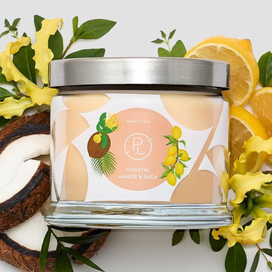 PartyLite Coastal Amber & Shea Scented, Notes of Ylang Flower, Citron, Sweet Coconut & Amber Creme, 13.2oz 3-Wick Jar Candle, 45 Hour Burn Time, Luxurious Fragrance, Ideal for Gifting