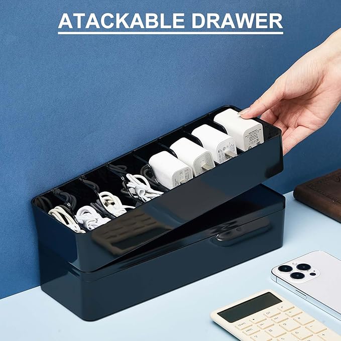 Tatuo 2 Pcs Cable Organizer Box with Wire Ties, Plastic Cord Storage Box with Lid, Electronics Organizer for Home Office Desk Organizers and Accessories (10.79'' X 3.78'' X 1.97'',Black)