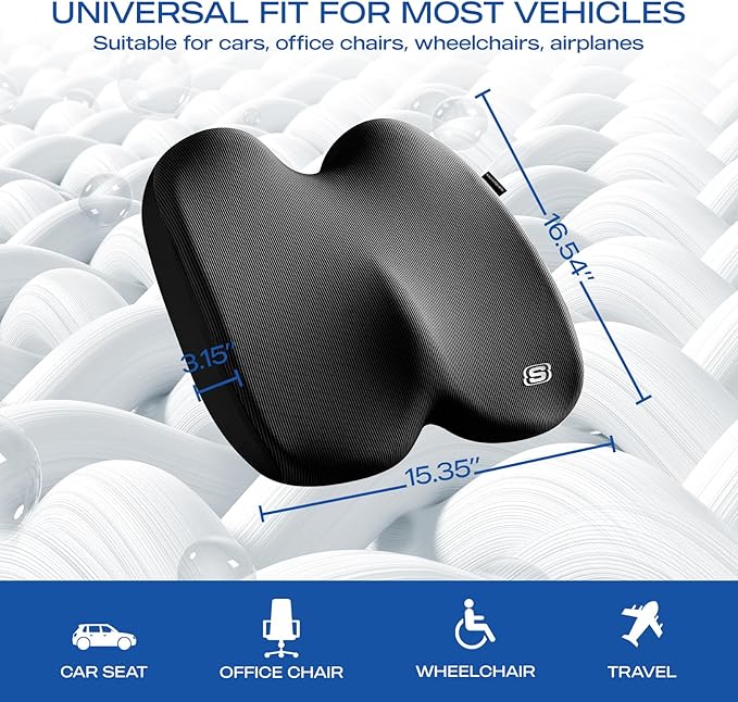 Skechers Memory Foam Seat Cushion,Ribbed Fabric Office Chair Cushion for Tailbone Pain Relief,Butt Pillow for Office Chair,Car Seat Cushion,Long Sitting Office Workers,and Car Drivers,Black