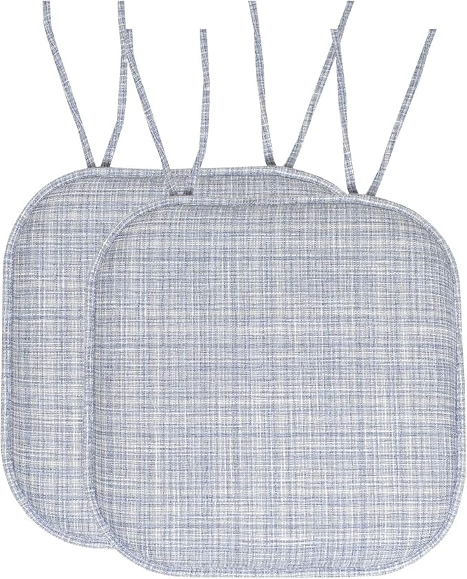 Sweet Home Collection Chair Cushion Memory Foam Pads with Ties Honeycomb Pattern Slip Non Skid Rubber Back Rounded Square 16" x 16" Seat Cover, 2 Pack, Aria Silver/Blue 6 pack