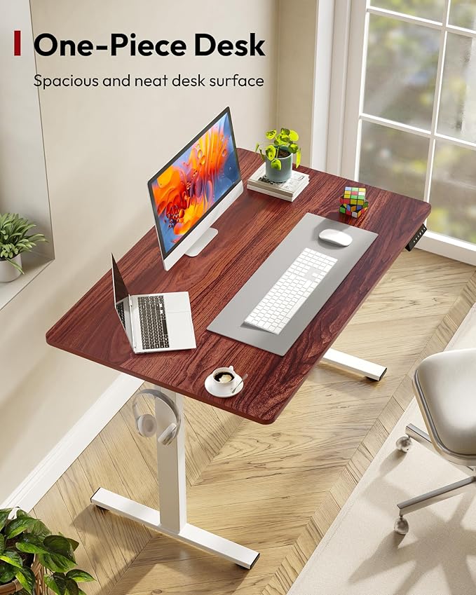 SANODESK Electric Standing Desk 48 x 30 Inches Whole-Piece Desktop Height Adjustable Stand Up Desk w/6-Button Controller Ergonomic Computer Desk for Home Office, White Frame + Mahogany Tabletop