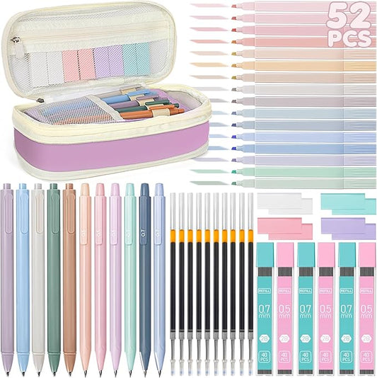 52 PCS Aesthetic School Supplies with Cute Pencil Case, Stationery Essentials with Pens Pencils and Pastel Highlighters Set, College Back to School Supplies for Teen Girls, Office Supplies - Purple