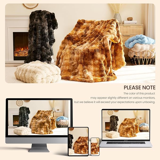 L'AGRATY Faux Rabbit Fur Blanket: 60" x 80" Twin Luxury Soft Fluffy Thick Fur Throw Blanket for Couch Bed Sofa - Cozy Plush Bubble Blankets for Winter: Flannel Fleece Decorative Blanket(Black)