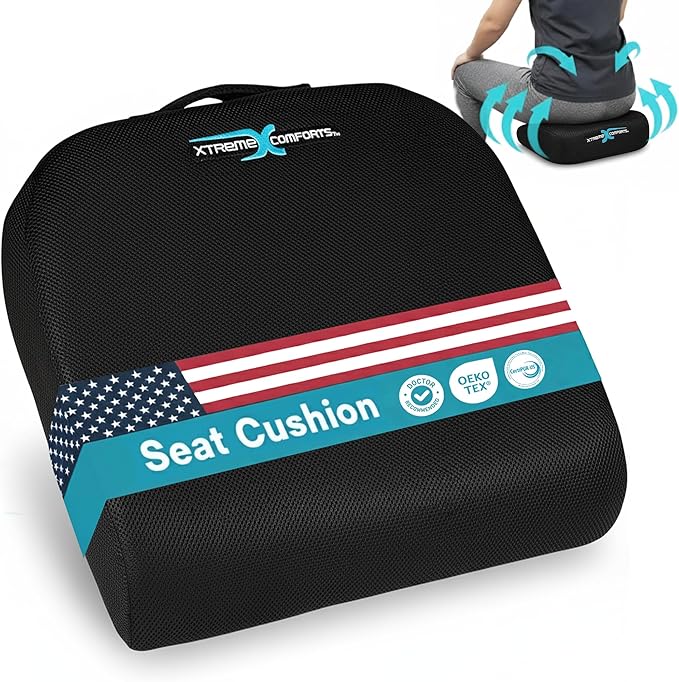 Xtreme Comforts Seat Cushions | Office Chair Cushions for Desk, Car, Wheelchair| Ergonomic Memory Foam Seat Cushion for Support & Comfort | Helps Improve Sitting Posture for Work & Body Relief