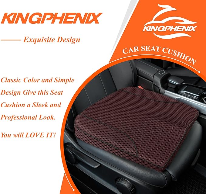 kingphenix Premium Car Seat Cushion, Memory Foam Driver Seat Cushion to Improve Driving View- Coccyx & Lower Back Pain Relief - Seat Cushion for Car, Truck, Office Chair (4D Mesh Brown)