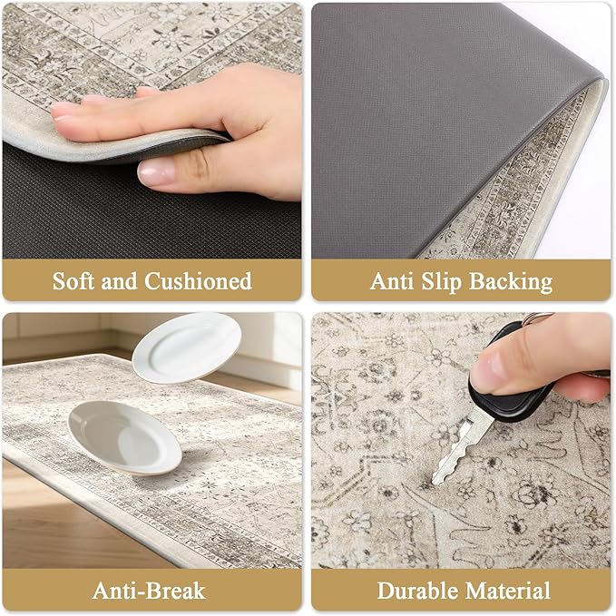 Pauwer Anti Fatigue Kitchen Mat Set of 3 Non Slip Kitchen Mats for Floor Cushioned Kitchen Rugs Comfort Standing Mat Farmhouse Waterproof PVC Foam Kitchen Floor Mat Runner, Khaki