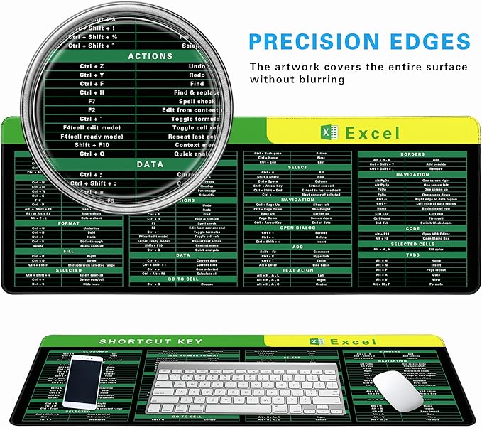 Excel Cheat Sheet Desk Pad, 31.5"x11.8", Waterproof Extra Large Excel Shortcut Mat with Stitched Edges, Anti-Slip Excel Mouse Pad for Office Desk, MS Excel/Word Shortcuts (Green Excel C)