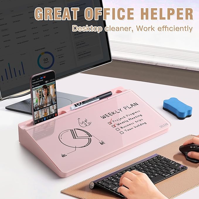 SELEAD Desktop Glass Whiteboard with Storage, Small Dry Erase White Board Computer Pad Keyboard Stand for Home, School, Office Desk Accessories - Pink