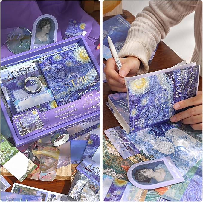 Scrapbook Supplies Kit, Vintage Oil Painting Journaling Supplies for Junk Journal, Aesthetic Scrapbook Kit with Scrapbook Paper Stickers Tapes, Art Craft DIY Gifts for Adult Teen Girls, Starry Night