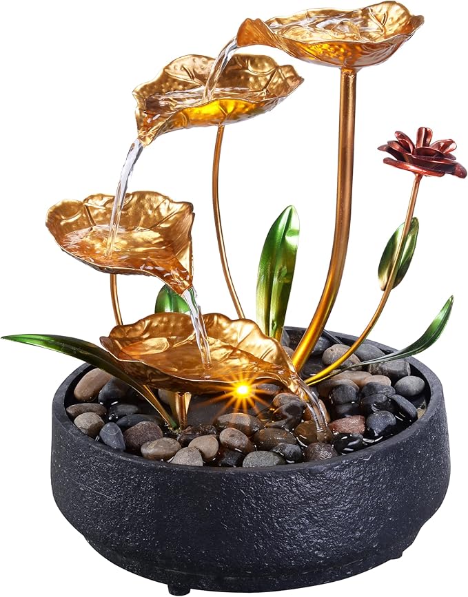 Tabletop Fountain Metal Lotus Circulating Fountain Water Feature for Zen Home Decor Warm Yellow Scene Light(23034)