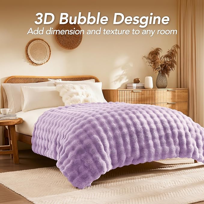 L'AGRATY Faux Fur Throw Blanket: 50" x 60" Luxury Soft Fluffy Rabbit Fur Blankets Twin for Couch Bed Sofa - Cozy Plush Bubble Blankets for Winter: Flannel Fleece Decorative Blanket(Purple)